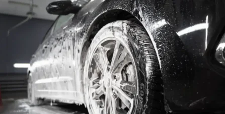 Етап миття екстер'єру: автомобільне колесо та бічна панель кузова, покриті густою активною піною для видалення складних забруднень.