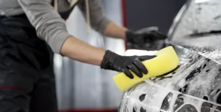 Детальна мийка автомобіля: майстер у захисних рукавичках очищує передню фару та крило авто жовтою губкою з густою піною.